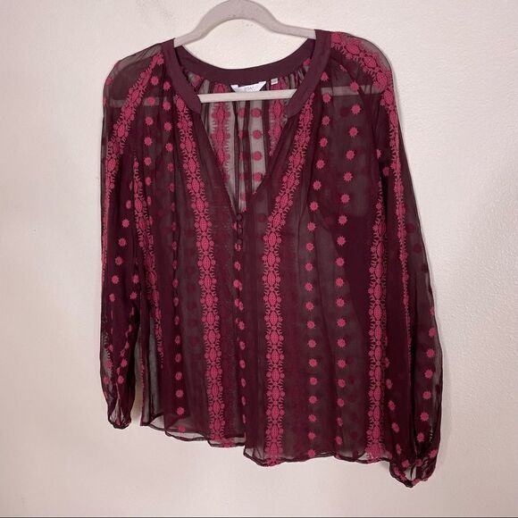 ASO TVD ZOA Maroon 100% Silk Sheer Long Sleeve Blouse Top - Picture 5 of 10